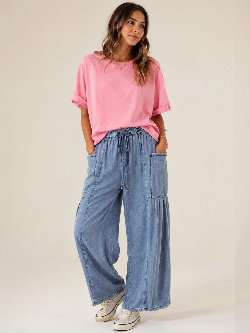 Oli & Hali Chambray Wide Leg Pull On Relaxed Pants Size Small